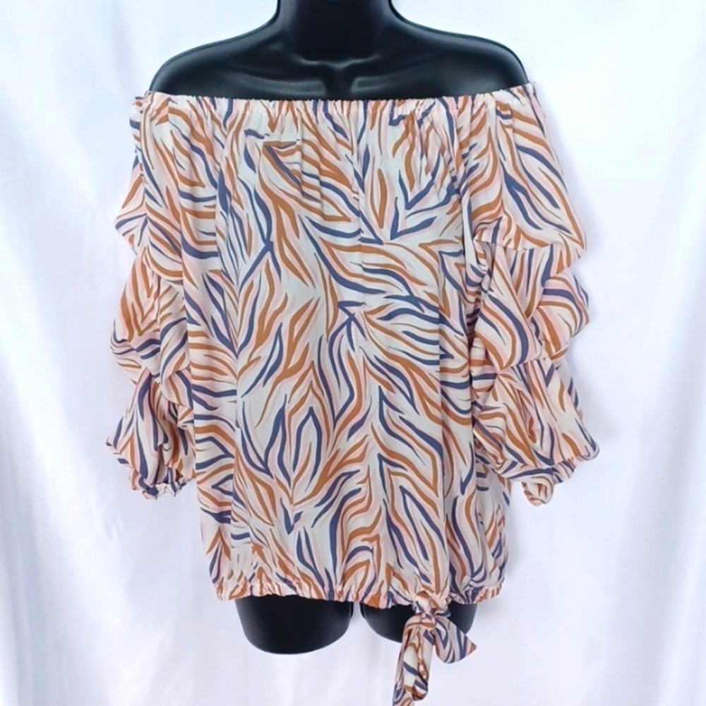 CeCe Stripe Blouse Off The Shoulder Bow Tie Waist Size Small 3/4 Sleeve